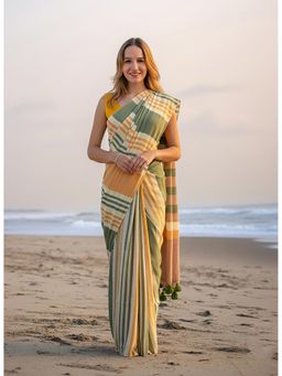 Anjaneya Sarees - Yellow Designer Linen Silk Printed With Unstitched Blouse