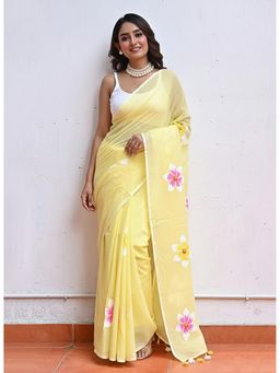 Anjaneya Sarees - Yellow Designer Linen Silk Printed With Unstitched Blouse