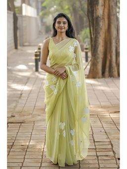 Anjaneya Sarees - Green Designer Linen Silk Printed With Unstitched Blouse