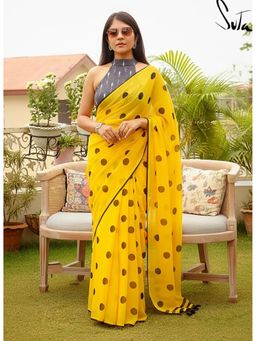 Anjaneya Sarees - Yellow Designer Linen Silk Printed With Unstitched Blouse