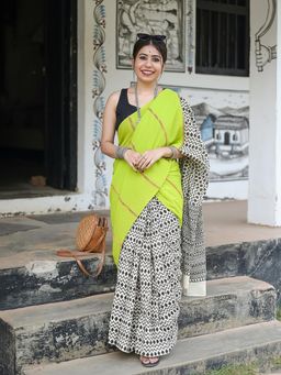 Anjaneya Sarees - Green Designer Linen Silk Printed With Unstitched Blouse
