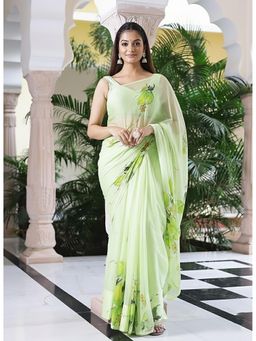 Anjaneya Sarees - Green Designer Linen Silk Printed With Unstitched Blouse