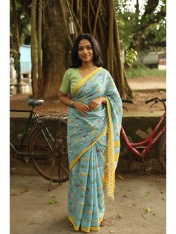 Anjaneya Sarees - Blue Designer Linen Silk Printed With Unstitched Blouse
