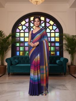 Anjaneya Sarees - Multi-Color Blue Designer Linen Silk Printed With Unstitched Blouse
