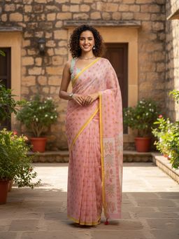 Anjaneya Sarees - Peach Designer Linen Silk Printed With Unstitched Blouse