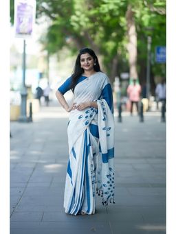 Anjaneya Sarees - Blue Designer Linen Silk Printed With Unstitched Blouse