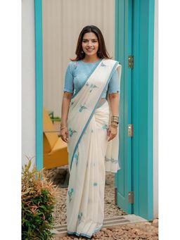 Anjaneya Sarees - Blue Designer Linen Silk Printed With Unstitched Blouse