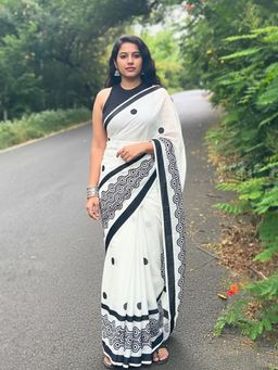 Anjaneya Sarees - White Designer Linen Silk Printed With Unstitched Blouse