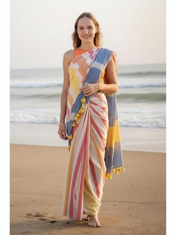 Anjaneya Sarees - Yellow Designer Linen Silk Printed With Unstitched Blouse