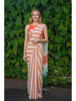 Anjaneya Sarees - Orange Designer Linen Silk Printed With Unstitched Blouse