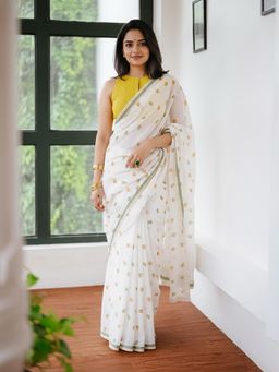 Anjaneya Sarees - White Designer Linen Silk Printed With Unstitched Blouse