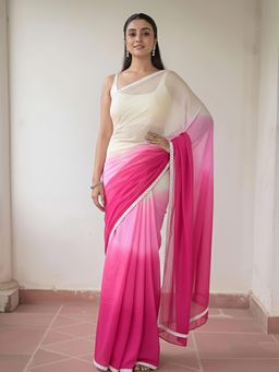 Anjaneya Sarees - White Designer Linen Silk Printed With Unstitched Blouse