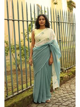 Anjaneya Sarees - Teal Designer Linen Silk With Unstitched Blouse