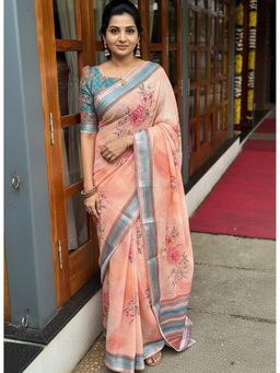 Anjaneya Sarees - Peach Designer Linen Silk Printed With Unstitched Blouse