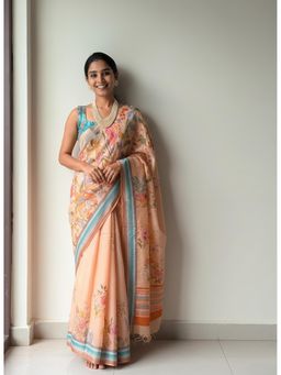 Anjaneya Sarees - Peach Designer Linen Silk Printed With Unstitched Blouse