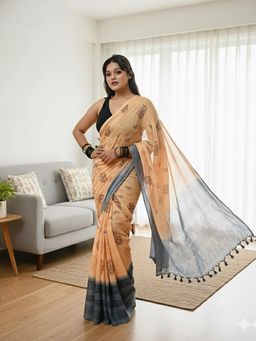 Anjaneya Sarees - Orange Designer Linen Silk With Unstitched Blouse