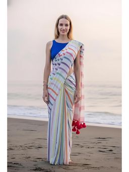 Anjaneya Sarees - White Designer Linen Silk Printed With Unstitched Blouse