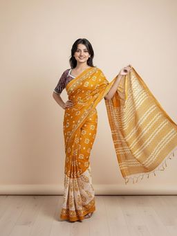 Anjaneya Sarees - Yellow Designer Linen Silk Printed With Unstitched Blouse