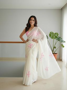 Anjaneya Sarees - White Designer Linen Silk Printed With Unstitched Blouse
