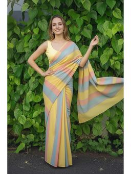 Anjaneya Sarees - Yellow Designer Linen Silk Printed With Unstitched Blouse