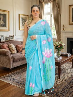 Anjaneya Sarees - Blue Designer Linen Silk With Unstitched Blouse