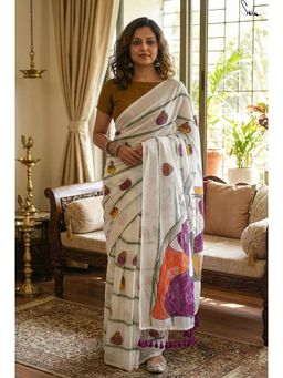 Anjaneya Sarees - White Designer Linen Silk Printed With Unstitched Blouse
