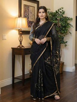Anjaneya Sarees - Black Designer Linen Silk With Unstitched Blouse