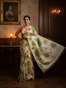 Anjaneya Sarees - Beige Designer Linen Silk With Unstitched Blouse