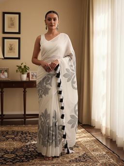 Anjaneya Sarees - White Designer Linen Silk Printed With Unstitched Blouse