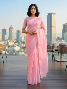 Anjaneya Sarees - Pink Designer Linen Silk With Unstitched Blouse