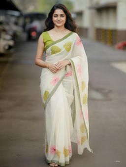 Anjaneya Sarees - Off-White Designer Linen Silk Printed With Unstitched Blouse