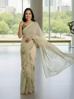 Anjaneya Sarees - Green Designer Linen Silk Printed With Unstitched Blouse