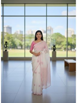 Anjaneya Sarees - White Designer Linen Silk Printed With Unstitched Blouse