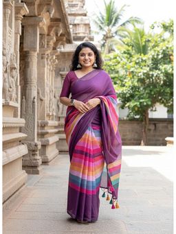 Anjaneya Sarees - Purple Designer Linen Silk Printed With Unstitched Blouse