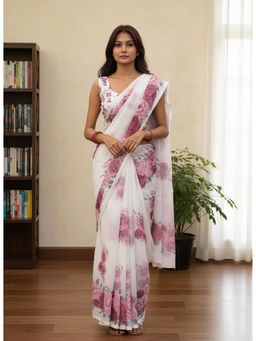 Anjaneya Sarees - White Designer Linen Silk Printed With Unstitched Blouse