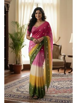 Anjaneya Sarees - Pink Designer Linen Silk Printed With Unstitched Blouse