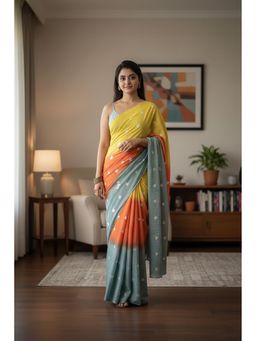 Anjaneya Sarees - Yellow Designer Linen Silk Printed With Unstitched Blouse
