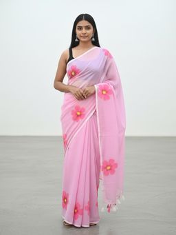 Anjaneya Sarees - Pink Designer Linen Silk Printed With Unstitched Blouse