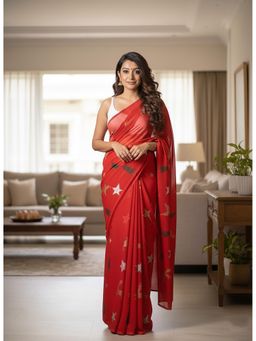 Anjaneya Sarees - Red Designer Linen Silk Printed With Unstitched Blouse