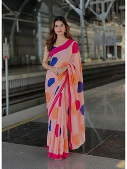 Anjaneya Sarees - Peach Designer Linen Silk Printed With Unstitched Blouse