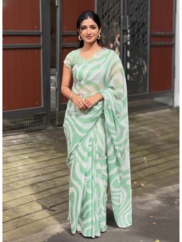 Anjaneya Sarees - Green Designer Linen Silk Printed With Unstitched Blouse