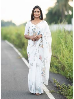 Anjaneya Sarees - White Designer Linen Silk Printed With Unstitched Blouse