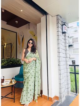 Anjaneya Sarees - Green Designer Linen Silk Printed With Unstitched Blouse