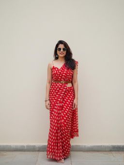 Anjaneya Sarees - Red Designer Linen Silk Printed With Unstitched Blouse