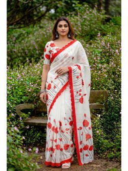 Anjaneya Sarees - Red Designer Linen Silk Printed With Unstitched Blouse