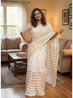 Anjaneya Sarees - White Designer Linen Silk With Unstitched Blouse
