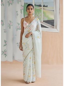 Anjaneya Sarees - White Designer Linen Silk With Unstitched Blouse