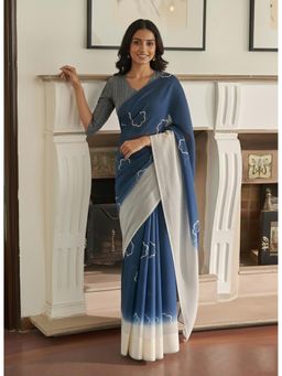 Anjaneya Sarees - Blue Designer Linen Silk Printed With Unstitched Blouse