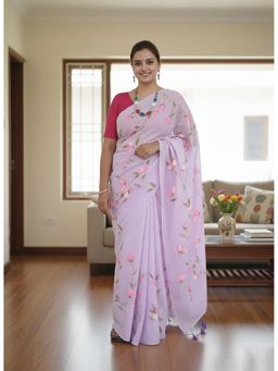 Anjaneya Sarees - Purple Designer Linen Silk With Unstitched Blouse