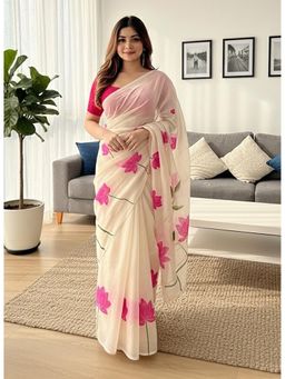 Anjaneya Sarees - Cream Designer Linen Silk Printed With Unstitched Blouse